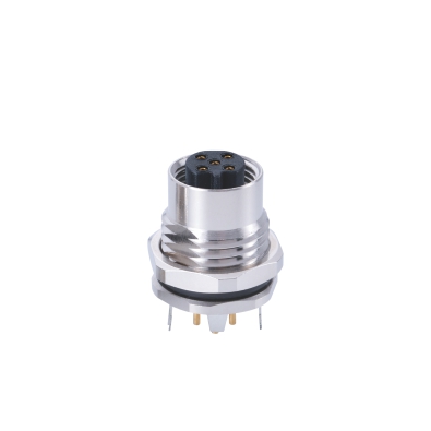 M12 B-coding Female Straight Connector, PCB Panel Mount, Front fastened, M16x1.5, Shielded, Contacts: 4, IP67/IP68