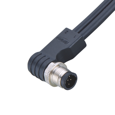 M12 C-coding Male Angled Connector, Molded 2 Cables, Shielded, Contacts: 3, IP67/IP68/IP69K