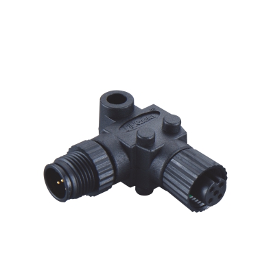 M12 L-Adapter, Male-Female, A-coding, Plastic fix screw, Contacts: 5, Unshielded, IP67 / IP68