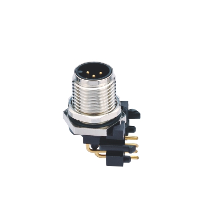 M12 A-coding Male Angled Connector, PCB Panel Mount, Front fastened, Shielded, Contacts: 4, IP67/IP68