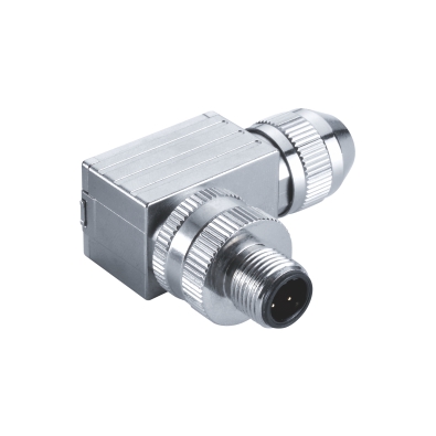 M12 A-coding Male Angled Connector, Field Wirable Assembly, Screw joint, Shielded with Die-cast body, Front fastened, Contacts: 3, IP67/IP68