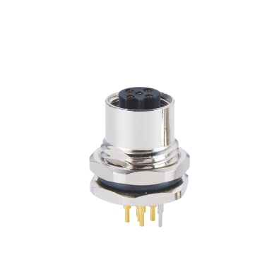 M12 B-coding Female Straight Connector, PCB Panel Mount, Front fastened, With Earth Pin, PG9, Shielded, Contacts: 3, IP67/IP68