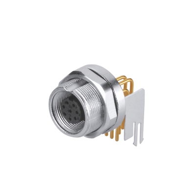 M9 Female Angled Connector, PCB Panel Mount, Front fastened, Contacts: 3, Shielded, IP67