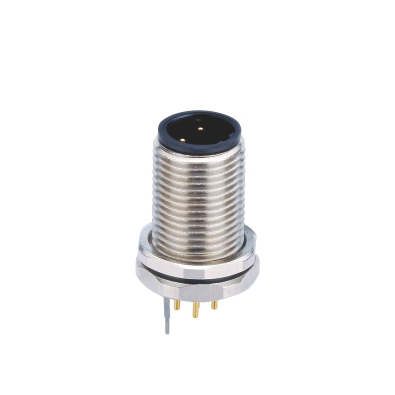 M12 B-coding Male Straight Connector, PCB Panel Mount, M12 thread Front fastened, Shielded, Contacts: 4, IP67/IP68