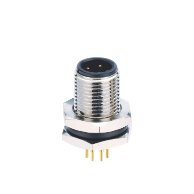 M12 B-coding Male Straight Connector, PCB Panel Mount, M12 thread Front fastened, Unshielded, Contacts: 4, IP67/IP68