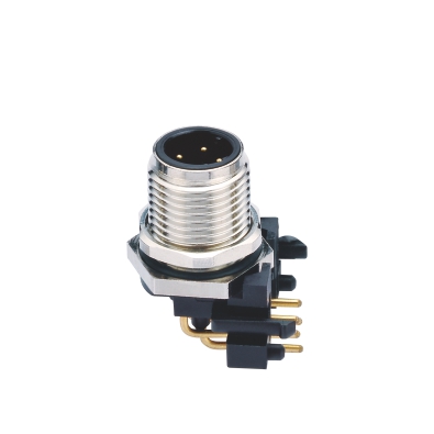 M12 D-coding Male Angled Connector, PCB Panel Mount, Front fastened, Unshielded, Contacts: 4, IP67 / IP68