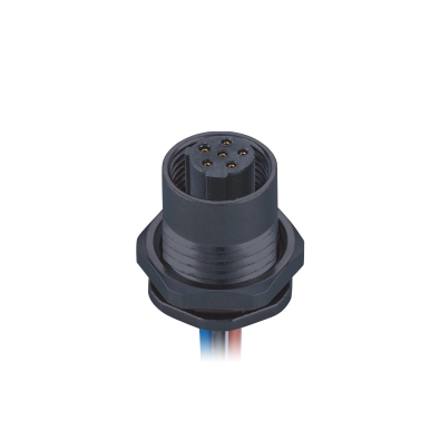 M12 C-coding Female Straight Connector, Plastic Solder Panel Mount, Front fastened, M15x1.0, Unshielded, Contacts: 5, IP67/IP68