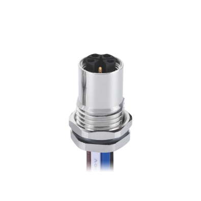 M12 K-coding Female Straight Connector, Crimp Panel Mount, Front fastened, M16x1.5, Unshielded, Contacts: 5, IP67/IP68