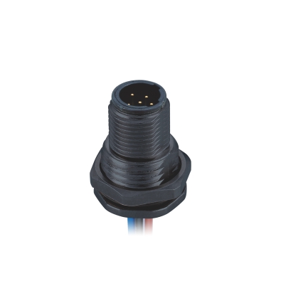 M12 C-coding Male Straight Connector, Plastic Solder Panel Mount, Front fastened, M15x1.0, Unshielded, Contacts: 3, IP67/IP68