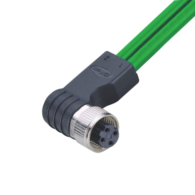 M12 D-coding Female Angled Connector, Molded 2 Cables, Unshielded, Contacts: 4, IP67/IP68/IP69K
