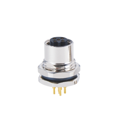 M12 B-coding Female Straight Connector, PCB Panel Mount, Front fastened, M16x1.5, Unshielded, Contacts: 5, IP67/IP68