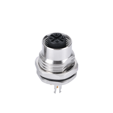 M12 A-coding Female Straight Connector, PCB Panel Mount, Front fastened, With Double Earth Pin, M16x1.5, Shielded, Contacts: 8, IP67/IP68