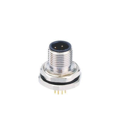 M12 B-coding Male Straight Connector, PCB Panel Mount, Front fastened, M16x1.5, Unshielded, Contacts: 5, IP67/IP68