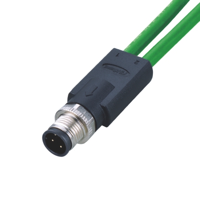 M12 D-coding Male Straight Connector, Molded 2 Cables, Unshielded, Contacts: 4, IP67/IP68/IP69K