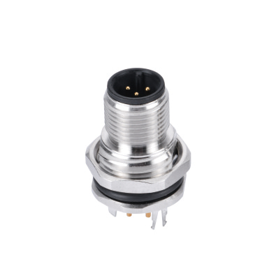 M12 A-coding Male Straight Connector, PCB Panel Mount, Front fastened, With Double Earth Pin, M16x1.5, Shielded, Contacts: 5, IP67/IP68