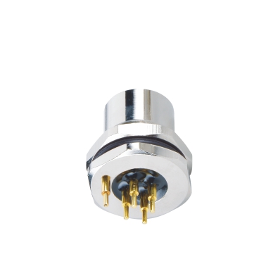 M12 A-coding Female Straight Connector, PCB Panel Mount, Front fastened, PG9, With Circular Earth Pin, Shielded, Contacts: 12, IP67/IP68