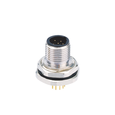 M12 C-coding Male Straight Connector, PCB Panel Mount, Front fastened, PG9, Unshielded, Contacts: 4, IP67/IP68