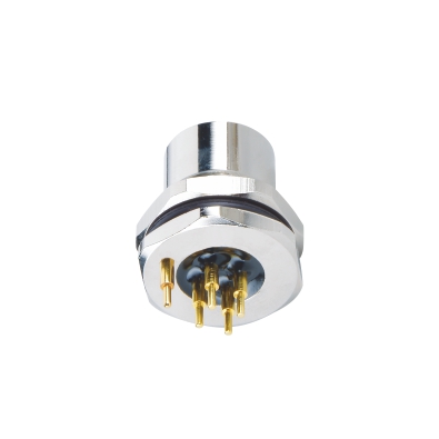 M12 D-coding Female Straight Connector, PCB Panel Mount, Front fastened, With Circular Earth Pin, M16x1.5, Shielded, Contacts: 4, IP67 / IP68
