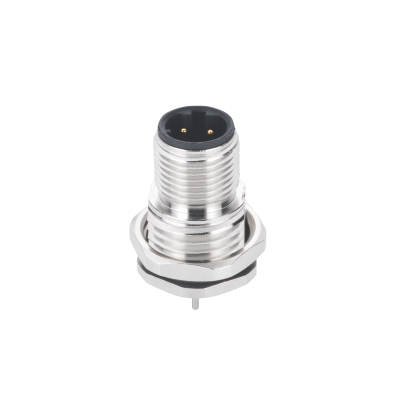 M12 D-coding Male Straight Connector, PCB Panel Mount, Front fastened, With Circular Earth Pin, M16x1.5, Shielded, Contacts: 4, IP67 / IP68