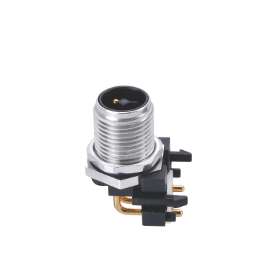 M12 T-coding Male Angled Connector, PCB Panel Mount, Front fastened, Unshielded, Contacts: 4, IP67/IP68