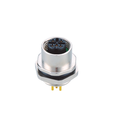 M12 A-coding Female Straight Connector, PCB Panel Mount, Die-cast Screw, Rear fastened, PG9, Unshielded, Contacts: 4, IP67/IP68