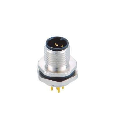 M12 A-coding Male Straight Connector, PCB Panel Mount, Die-cast Screw, Rear fastened, PG9, Unshielded, Contacts: 5, IP67/IP68