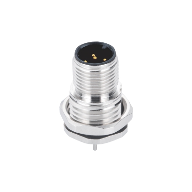 M12 A-coding Male Straight Connector, PCB Panel Mount, Front fastened, PG9, With Circular Earth Pin, Shielded, Contacts: 4, IP67/IP68