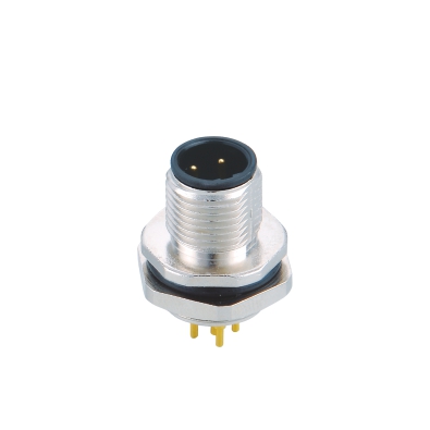 M12 B-coding Male Straight Connector, PCB Panel Mount, Die-cast Screw, Rear fastened, PG9, Unshielded, Contacts: 4, IP67/IP68