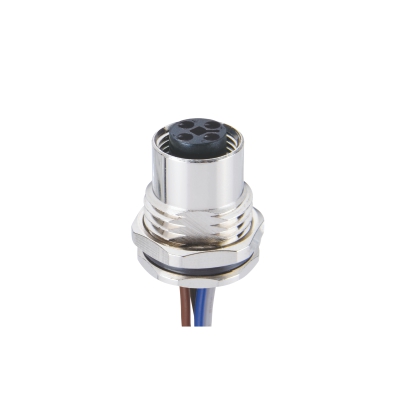 M12 T-coding Female Straight Connector, Solder Panel Mount, Front fastened, M16x1.5, Unshielded, Contacts: 4, IP67/IP68