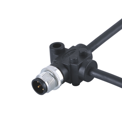 M12 Male T-Splitter, B-coding, with Molded Cable, Contacts: 5, Unshielded, IP67 / IP68