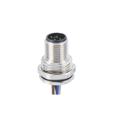 M12 T-coding Male Straight Connector, Solder Panel Mount, Front fastened, PG9, Unshielded, Contacts: 4, IP67/IP68