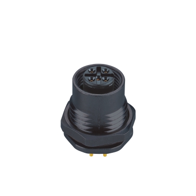 M12 A-coding Female Straight Connector, Plastic PCB Panel Mount, M15 thread fastened, M15x1.0, Unshielded, Contacts: 3, IP67/IP68