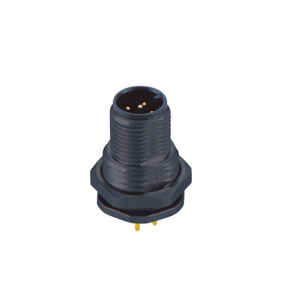 M12 A-coding Male Straight Connector, Plastic PCB Panel Mount, M15 thread fastened, M15x1.0, Unshielded, Contacts: 5, IP67/IP68
