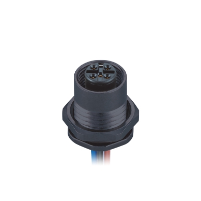M12 A-coding Female Straight Connector, Plastic Solder Panel Mount, Front fastened, M15x1.0, Unshielded, Contacts: 3, IP67/IP68