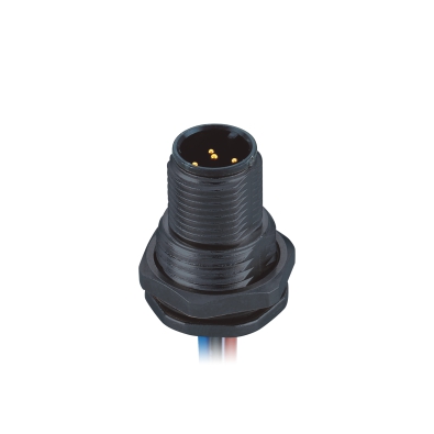 M12 A-coding Male Straight Connector, Plastic Solder Panel Mount, Front fastened, M15x1.0, Unshielded, Contacts: 5, IP67/IP68