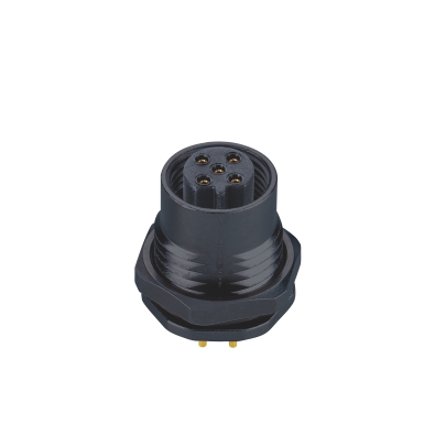 M12 B-coding Female Straight Connector, Plastic PCB Panel Mount, Front fastened, M15x1.0, Unshielded, Contacts: 3, IP67/IP68