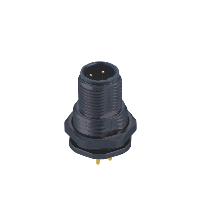 M12 B-coding Male Straight Connector, Plastic PCB Panel Mount, Front fastened, M15x1.0, Unshielded, Contacts: 3, IP67/IP68