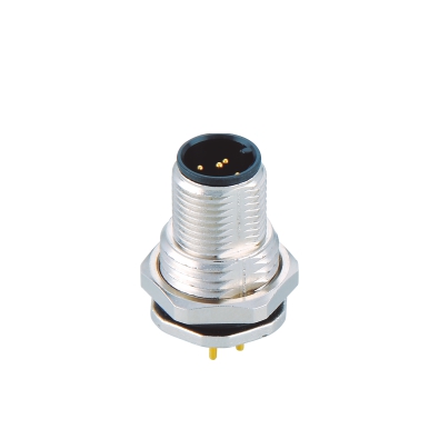 M12 A-coding Male Straight Connector, PCB Panel Mount, Die-cast Screw, Front fastened, PG9, Unshielded, Contacts: 5, IP67/IP68