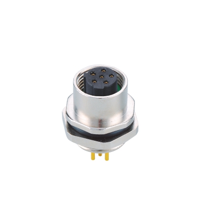 M12 C-coding Female Straight Connector, PCB Panel Mount, Die-cast Screw, Rear fastened, PG9, Unshielded, Contacts: 3, IP67/IP68