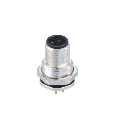 M12 B-coding Male Straight Connector, PCB Panel Mount, Die-cast Screw, Front fastened, PG9, Unshielded, Contacts: 3, IP67/IP68