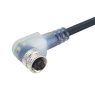 M8 Female A-coding Angled Connector, Plastic Molded Cable, With Led PNP, Contacts: 4, Unshielded, IP67