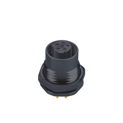 M12 C-coding Female Straight Connector, PCB Panel Mount, Front fastened, M15x1.0, Unshielded, Contacts: 5, IP67/IP68