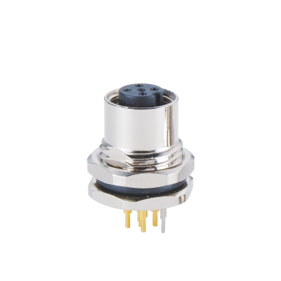 M12 A-coding Female Straight Connector, PCB Panel Mount, Front fastened, M16x1.5, With Earth Pin, Shielded, Contacts: 17, IP67/IP68