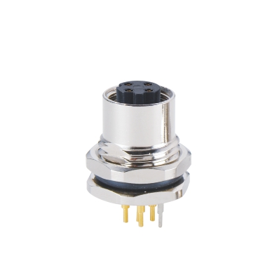 M12 D-coding Female Straight Connector, PCB Panel Mount, Front fastened, With Earth Pin, M16x1.5, Shielded, Contacts: 4, IP67 / IP68