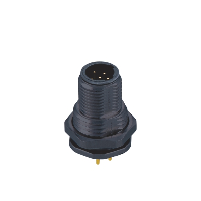 M12 C-coding Male Straight Connector, PCB Panel Mount, Front fastened, M15x1.0, Unshielded, Contacts: 4, IP67/IP68