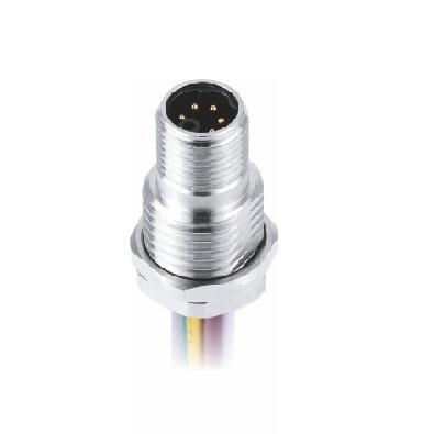M12 M-coding Male Straight Connector, Crimp Panel Mount, Front fastened, M16x1.5, Unshielded, Contacts: 6, IP67/IP68