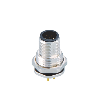 M12 C-coding Male Straight Connector, PCB Panel Mount, Die-cast Screw, Front fastened, PG9, Unshielded, Contacts: 4, IP67/IP68