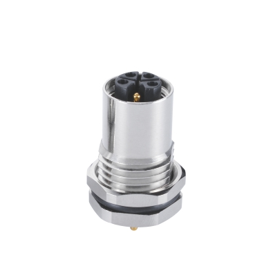 M12 L-coding Female Straight Connector, PCB Panel Mount, Front fastened, M16x1.5, Unshielded, Contacts: 5, IP67 / IP68