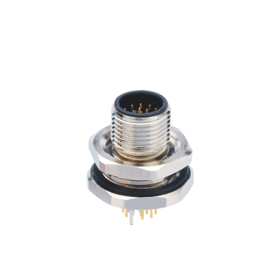 M12 A-coding Male Straight Connector, PCB Panel Mount, Front fastened, M16x1.5, With Earth Pin, Shielded, Contacts: 3, IP67/IP68
