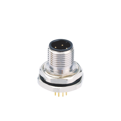 M12 D-coding Male Straight Connector, PCB Panel Mount, Front fastened, M16x1.5, Unshielded, Contacts: 4, IP67 / IP68